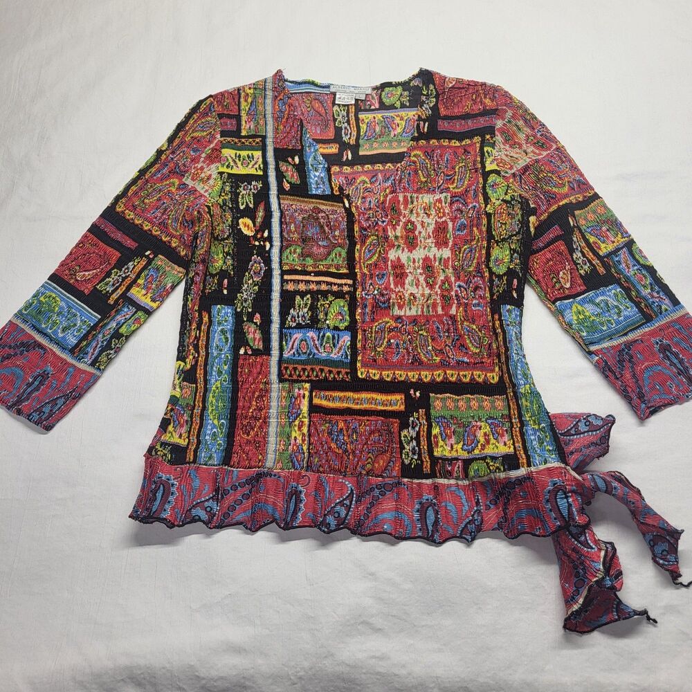Alberto Makali Womens Colorful Print Crinkle Top LG Side Tie Sequin Patchwork